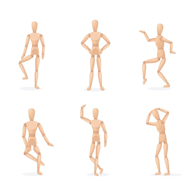 Wooden man poses Wood dummy toy group people statue human model for art artist drawing puppet manikin figure in different pose isolated doll sculpture vector illustration of body dummy toy figure