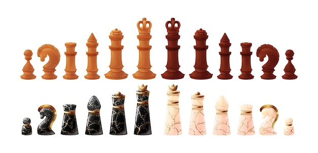 Vector wooden and marble chess game pieces and figures on chess board.