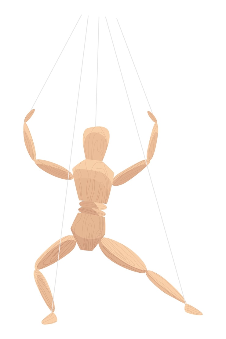 Vector wooden marionette with joints wood human anatomy statue doll or handmade puppet theater toy men figure dummy or mannequin at control rope vector illustration