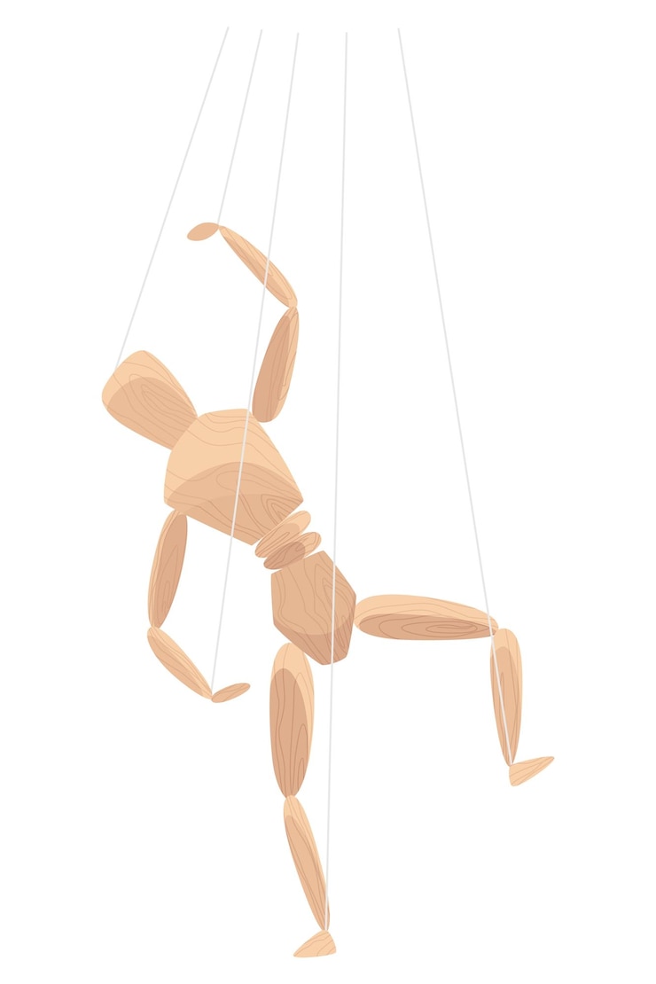 Vector wooden marionette with joints wood human anatomy statue doll or handmade puppet theater toy men figure dummy or mannequin at control rope vector illustration