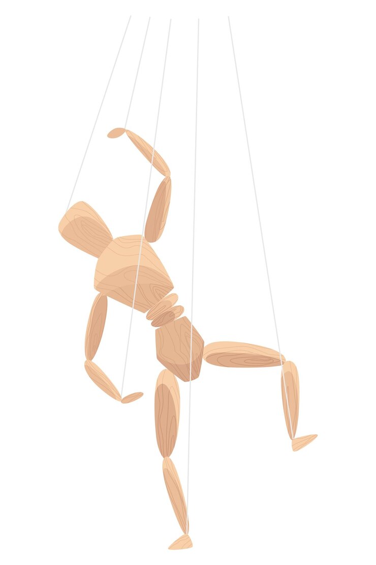 Vector wooden marionette with joints wood human anatomy statue doll or handmade puppet theater toy men figure dummy or mannequin at control rope vector illustration