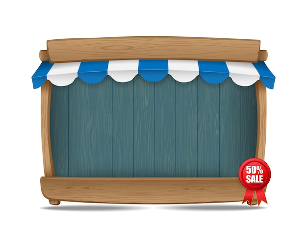 Vector wooden market stall with awning, vector illustration