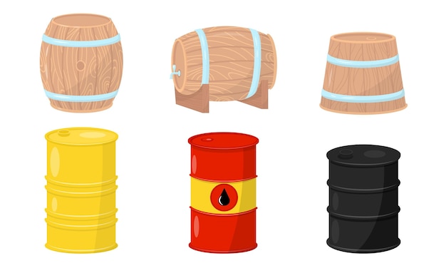 Wooden And Metal Barrels Vector Illustrated Set Tanks With Different Liquids inside Isolated On White Background Collection