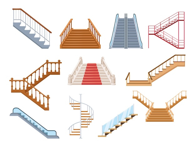 Wooden and metal staircase with handrails, store escalator, floor to floor ladder isolated cartoon