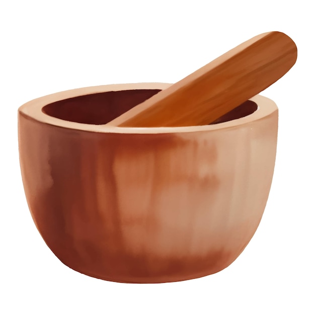 Wooden Mortar and Pestle Isolated Hand Drawn Painting Illustration