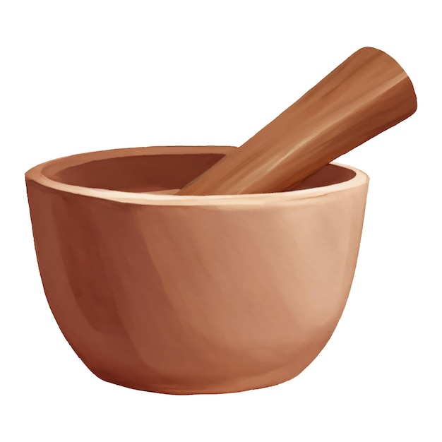 Wooden mortar and pestle isolated hand drawn painting illustration