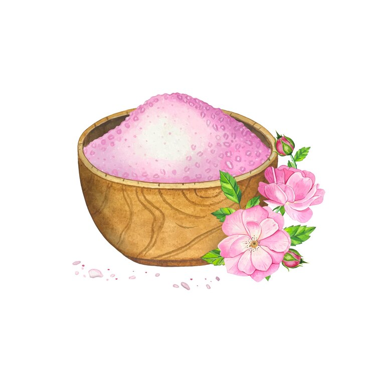 वेक्टर wooden mortar with pink sea salt hand drawn watercolor illustration