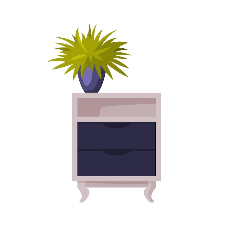 Vector wooden nightstand with potted houseplant home interior design vector illustration on white background