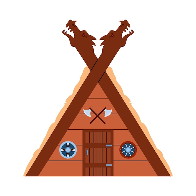 Vector wooden norse viking house with carved details flat vector illustration isolated