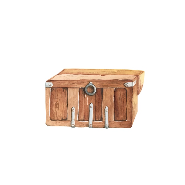 Wooden open chest Watercolor illustration