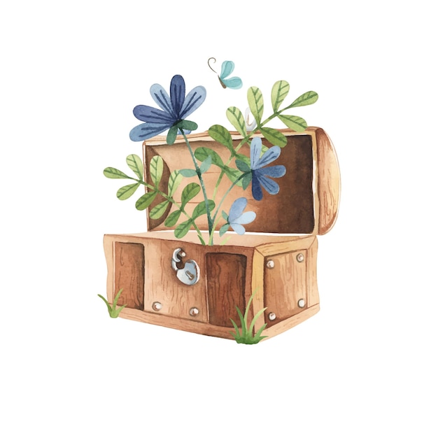 Wooden open chest with watercolor flowers and plants