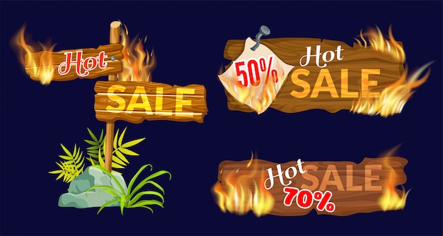 Wooden panels of sale with flame burn.