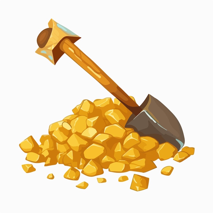 Vector wooden pickaxe and golden nugget