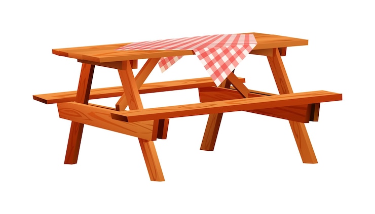 Vector wooden picnic table with red checkered cloth vector illustration isolated on white background