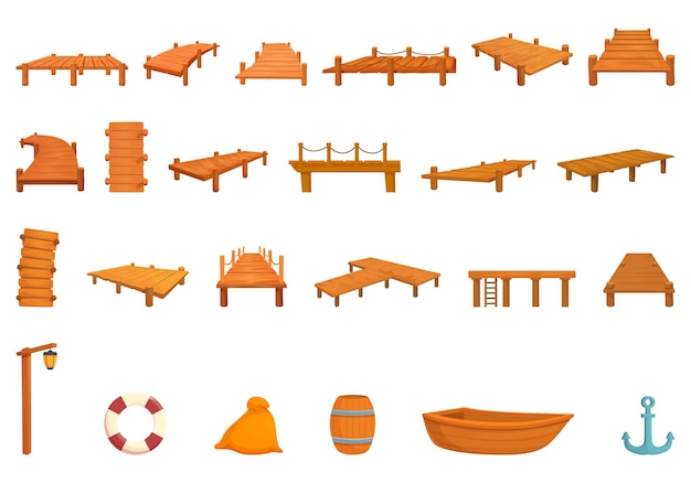 Wooden pier icons set cartoon vector Sea water boat Pole barrel bag