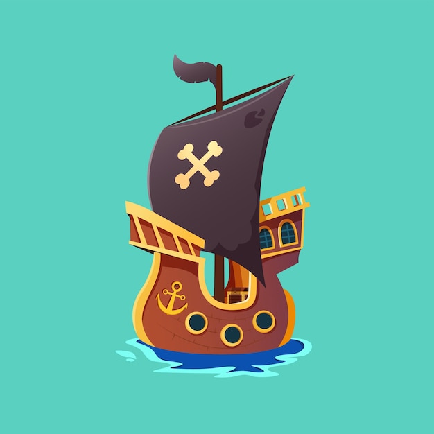 Wooden pirate ship with black sail isolated on green background