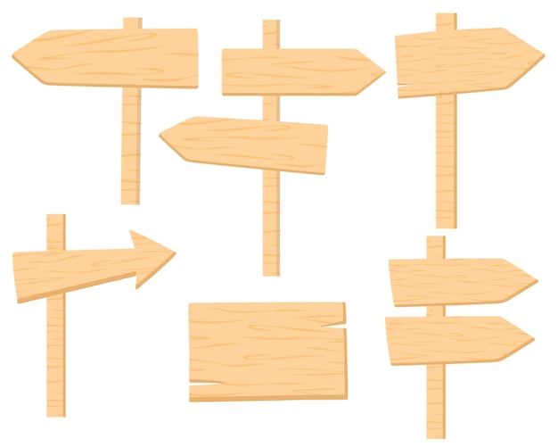 Wooden plaques set vector direction signs arrows and billboards illustration empty plywood squares o