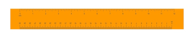 Vector wooden or plastic orange ruler with 12 inch and 30 centimeter scale distance height or length measurement math tool horizontal measuring chart with markup and numbers