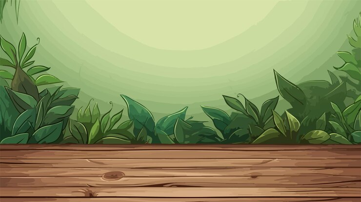 Vector a wooden platform with plants and a green background