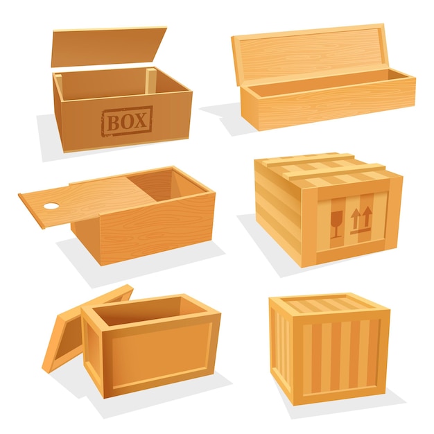 Vector wooden and plywood boxes or cases, empty isometric containers. storage and shipment package with open and slide lid. goods delivery and saving theme