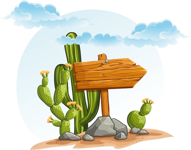 Puntatore in legno con cactus nel deserto