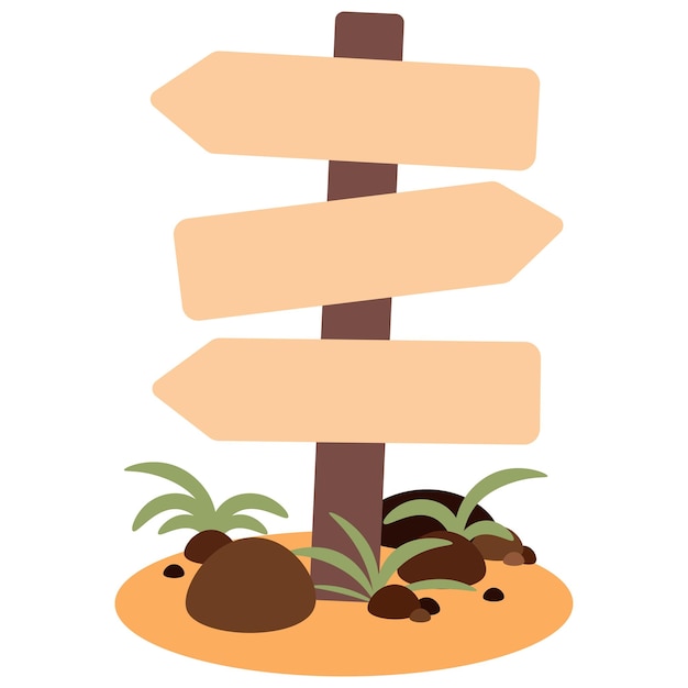 나무 기둥은 서로 다른 방향을 가리키는 세 개의 화살표가 있는 땅에서 튀어나와 있습니다. 어려운 결정