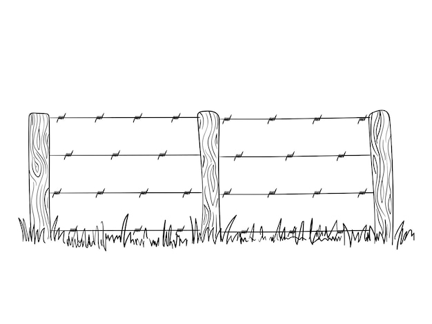 Vector wooden posts with barbed wire hand drawn simple vector outline rural farm fence field fencing