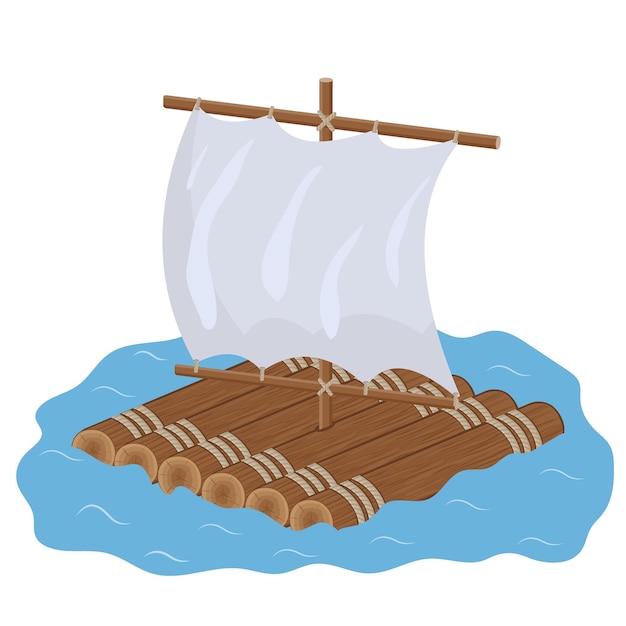 Vector wooden raft with sail color isolated vector illustration in cartoon style