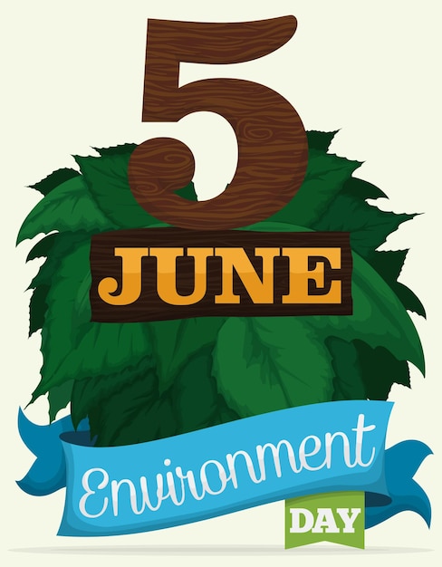 世界環境デーのブッシュとリボンが付いた木製のリマインダー日付
