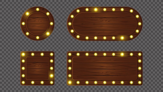 Wooden retro light sign board game banner vector Cartoon wood oval plank frame with led neon lit