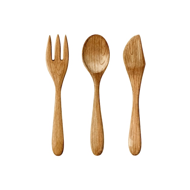 Wooden reusable cutlery spoon knife and fork Zero waste kitchen utencil Vector clipart