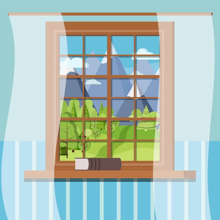 Vector wooden room window frame with book and tulle in cartoon flat style. .