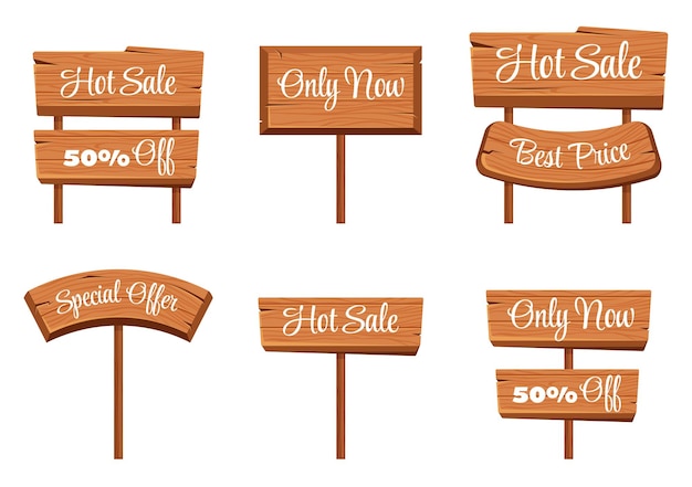 Wooden sale special offer discount board sign signboard plank texture isolated set collection