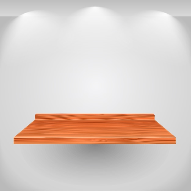 Wooden shelf on gray wall