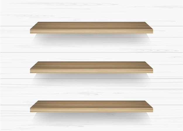 Vector wooden shelf on white wall background.