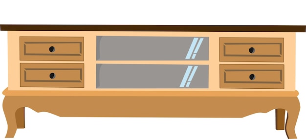 A wooden shelf with glass shelves in front of it.