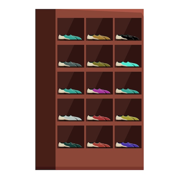 wooden shoe rack displaying variety of colorful shoes for sale
