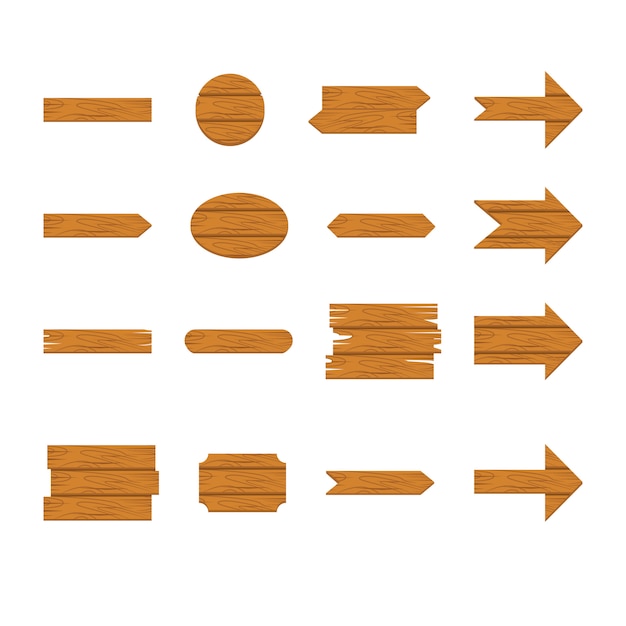 Insieme di legno dell'icona della freccia e del segno isolato su fondo bianco
