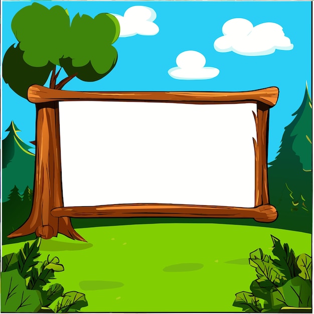Wooden sign board forest frame hand drawn flat stylish cartoon sticker icon concept isolated