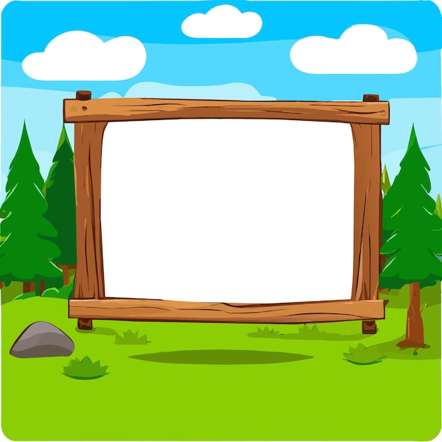 Wooden sign board forest frame hand drawn flat stylish cartoon sticker icon concept isolated