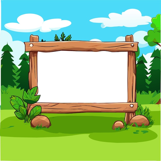 Wooden sign board forest frame hand drawn flat stylish cartoon sticker icon concept isolated