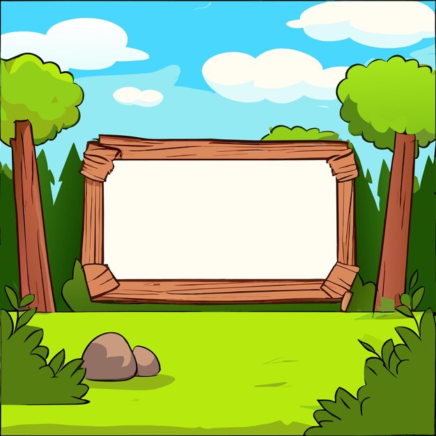 Wooden sign board forest frame hand drawn flat stylish cartoon sticker icon concept isolated