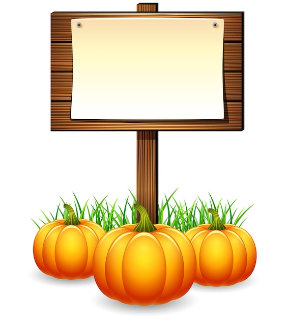 Wooden sign board with pumpkins