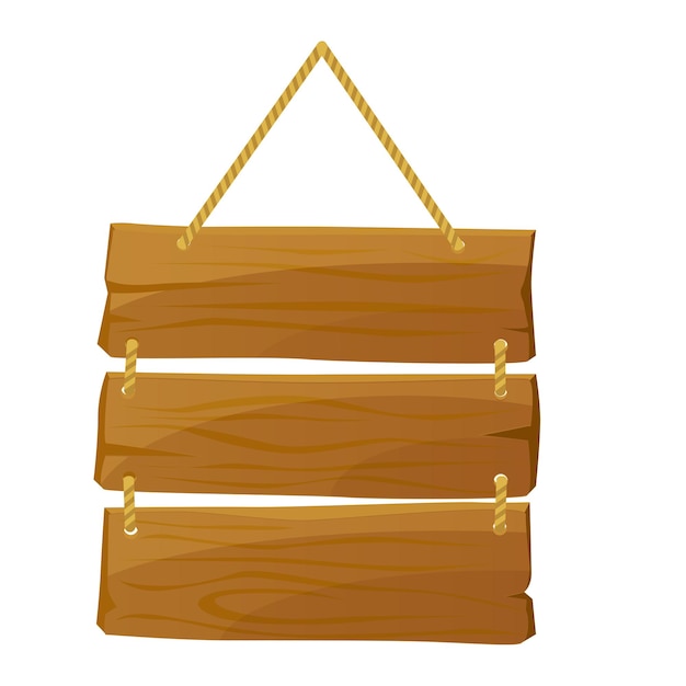 Wooden sign hanging on rope signboard with three brown linked empty panels