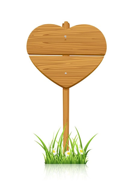 Wooden sign in the shape of heart, illustration.