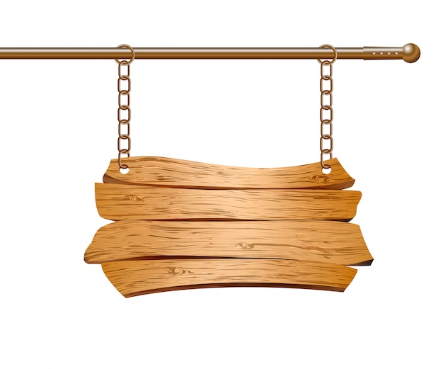 チェーンに吊るされた木製看板。図