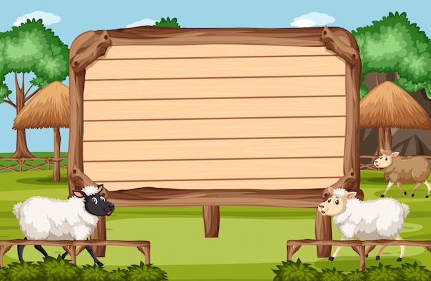 Wooden sign template with sheeps in the park