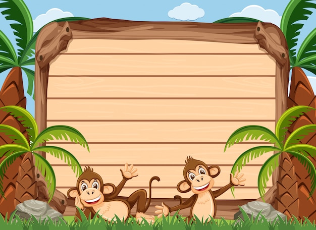 ベクトル 公園で2つの幸せな猿の木製看板テンプレート