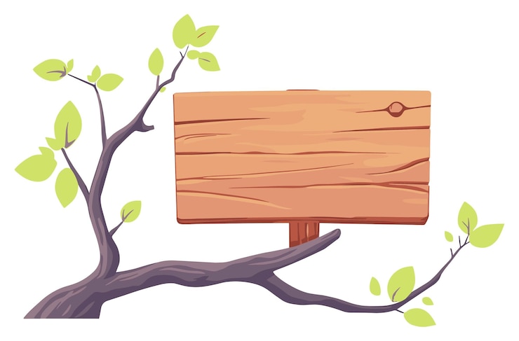 Vector wooden sign on a tree branch surrounded by fresh green leaves in sunny weather