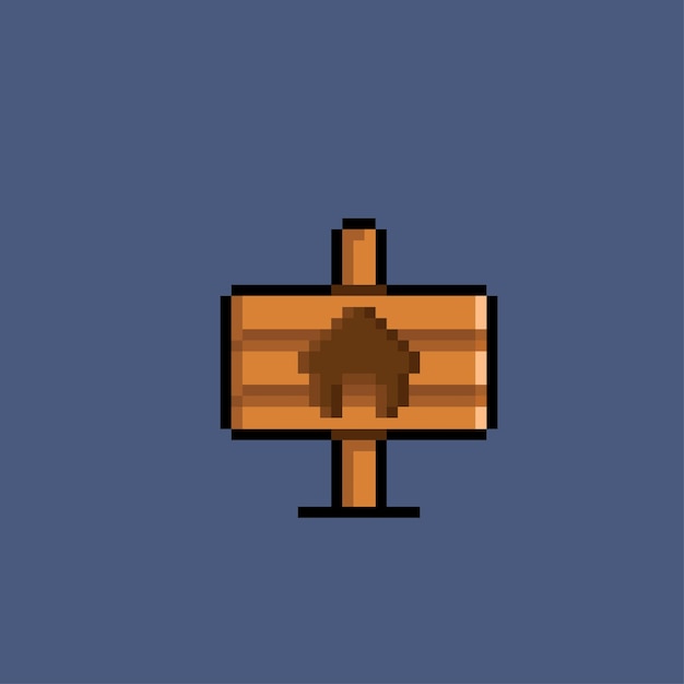 wooden sign with home icon in pixel art style